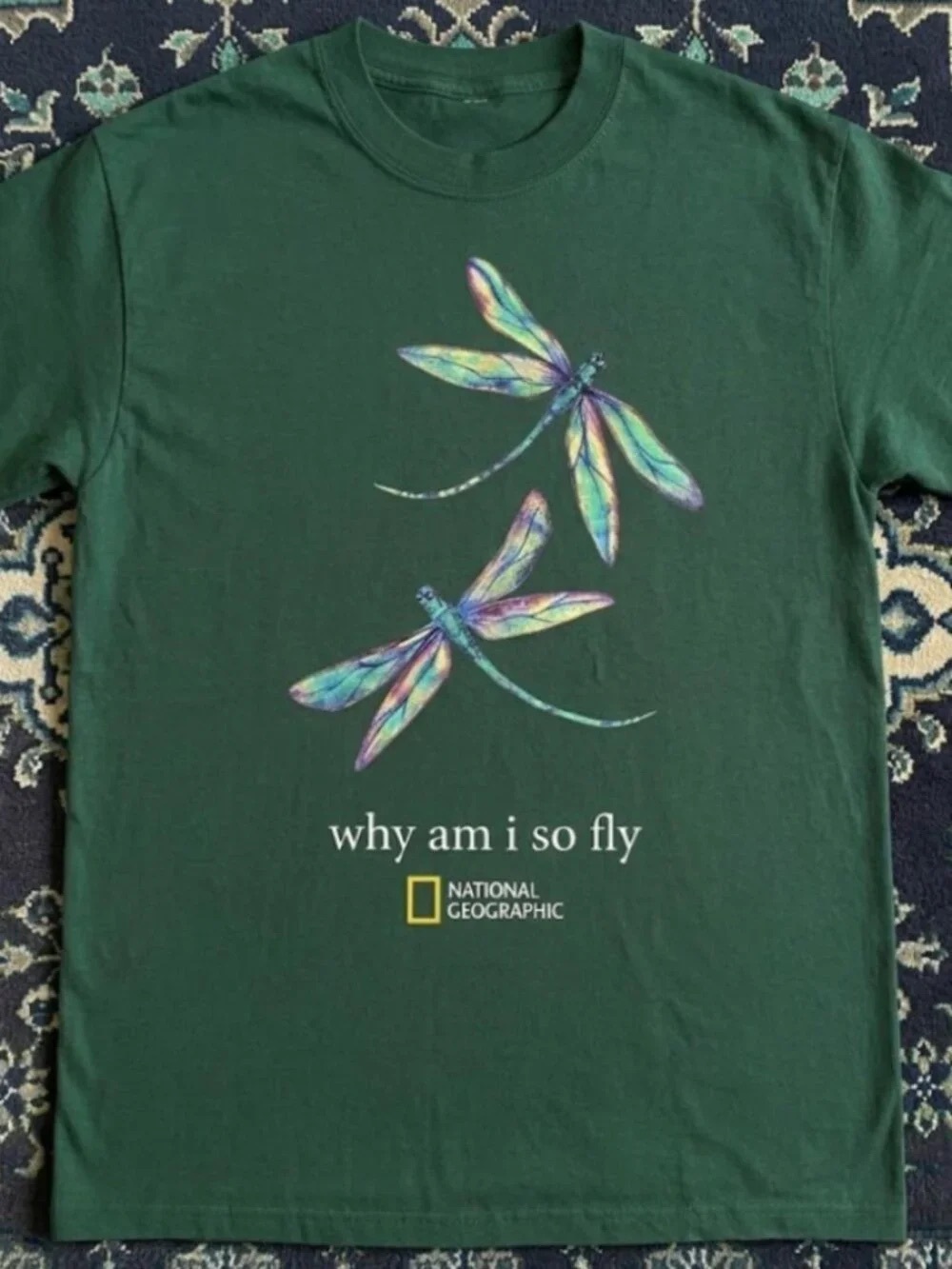 Gildan Dark Green Short Sleeve Tee with Iridescent Dragonfly Graphic